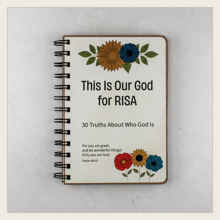 Personalized Christian book for kids featuring 30 truths about the attributes of God in Folk Art floral style.
