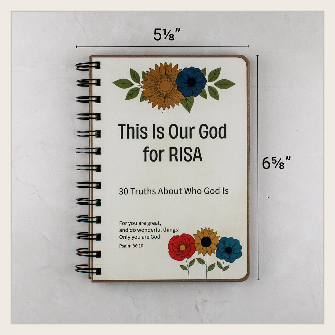 Personalized attributes of God book measuring about 5 and one eighth inches wide by 6 and five eighths inches tall.