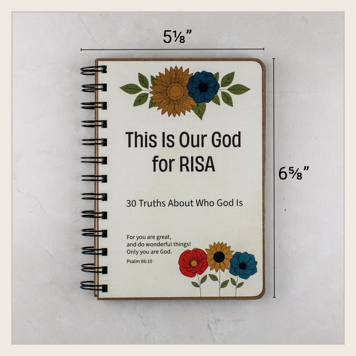 Personalized attributes of God book measuring about 5 and one eighth inches wide by 6 and five eighths inches tall.