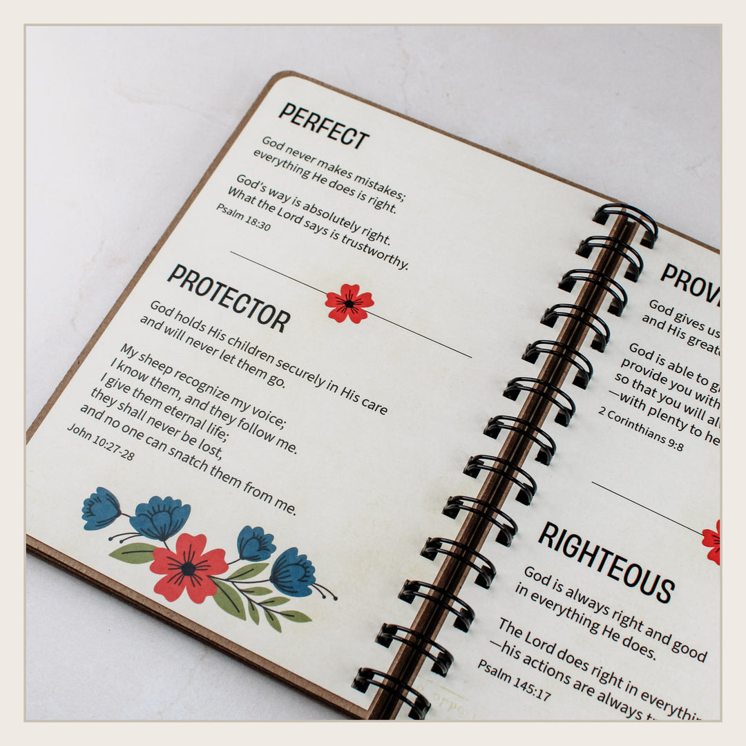 Interior pages of attributes of God book showing perfect, protector, provider and righteous with Scripture.