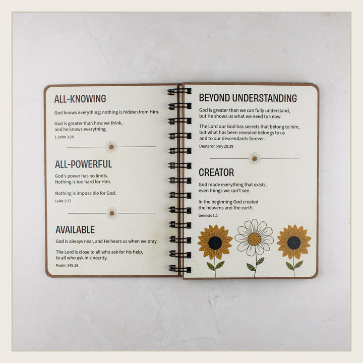 Open Christian book for kids showing all-knowing, all-powerful, available, beyond understanding and Creator attributes of God.
