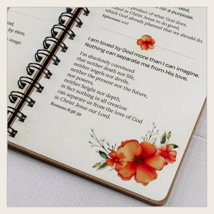 Close-up of a Scripture affirmation reminding the reader that she is deeply loved by God and secure in His love.