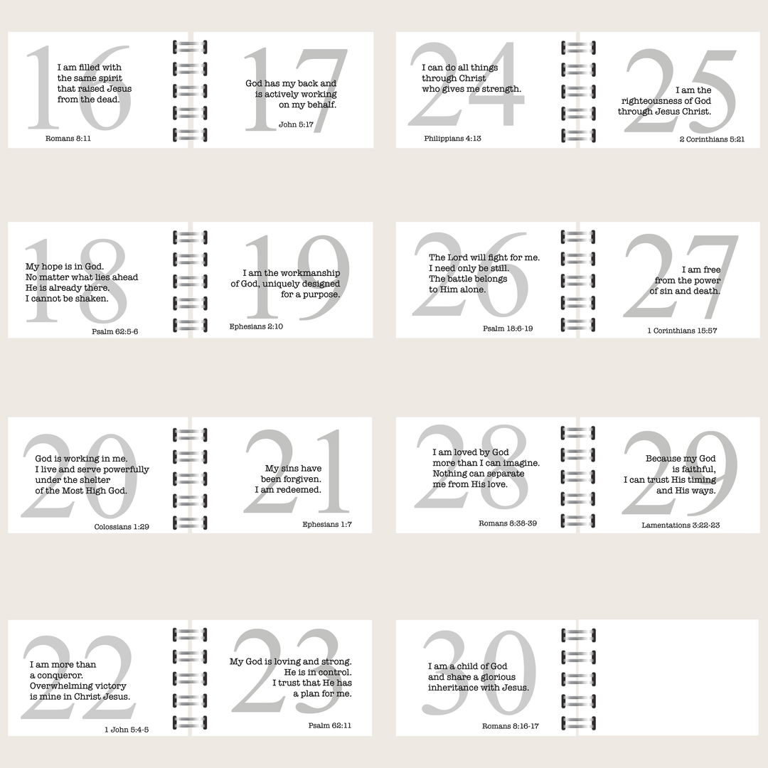 Interior preview of Who God Says I AM, showing biblical affirmations 16–30 with Scripture references and large gray numbers.