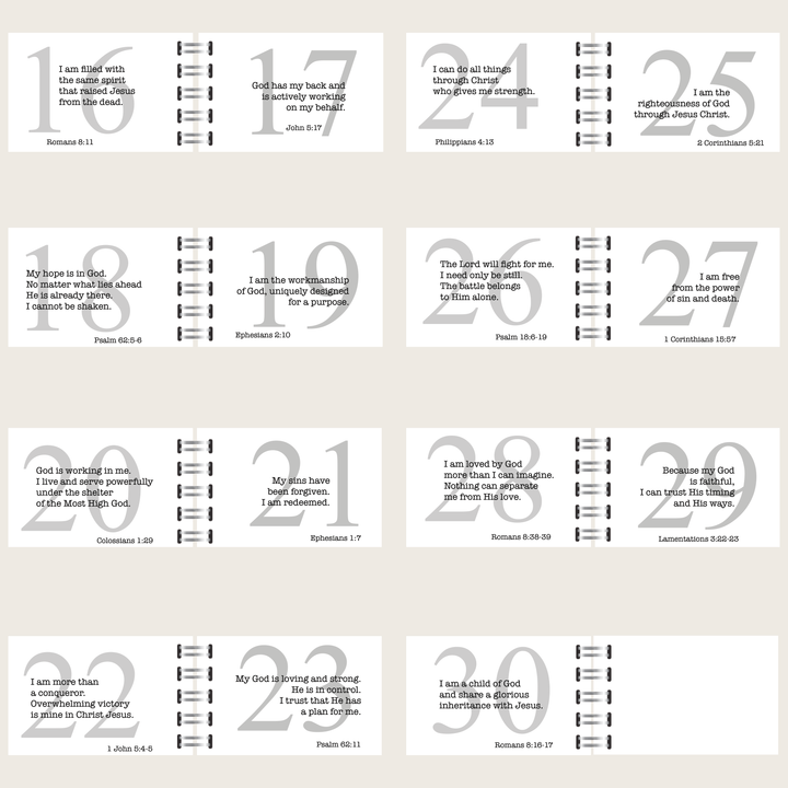 Interior preview of Who God Says I AM, showing biblical affirmations 16–30 with Scripture references and large gray numbers.