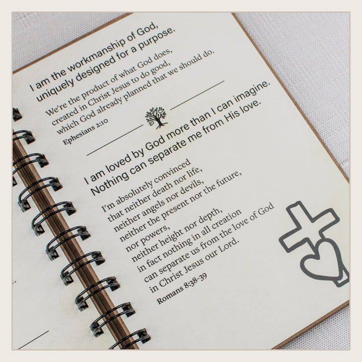 Close-up of biblical affirmations about God-given purpose and being loved and secure in Christ.