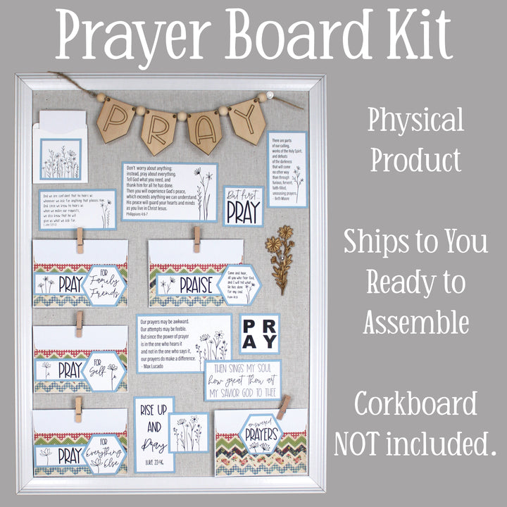 Blue prayer board kit ships ready to assemble. All you need is a cork board and you can begin decorating a prayer room.