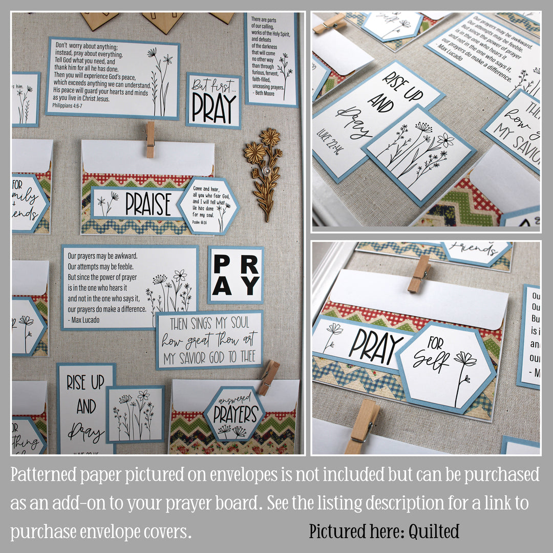 Blue prayer board with wildflower graphics feature our quilted style envelope covers.