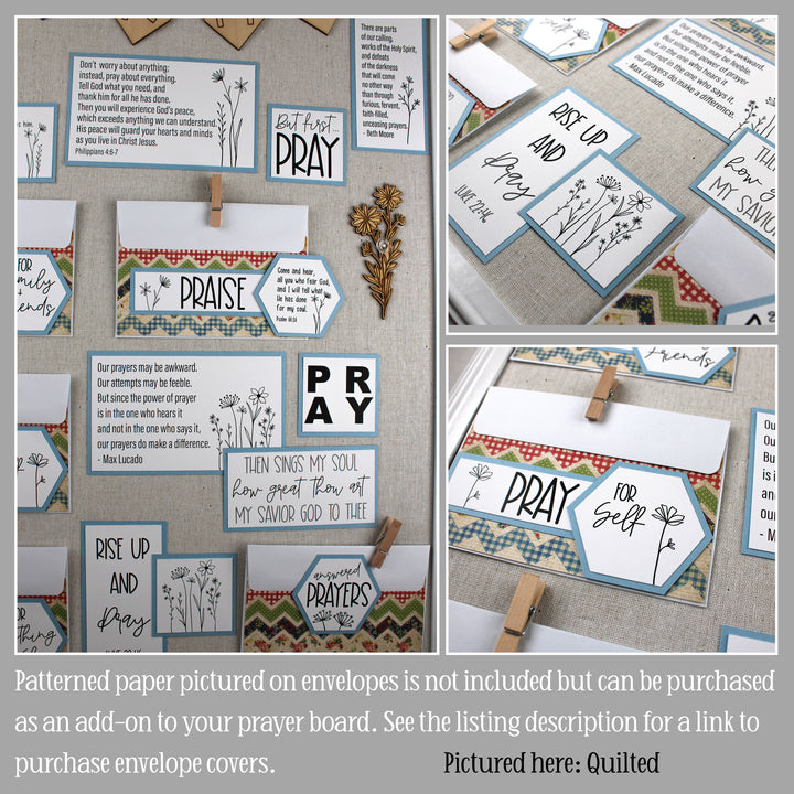 Blue prayer board with wildflower graphics feature our quilted style envelope covers.