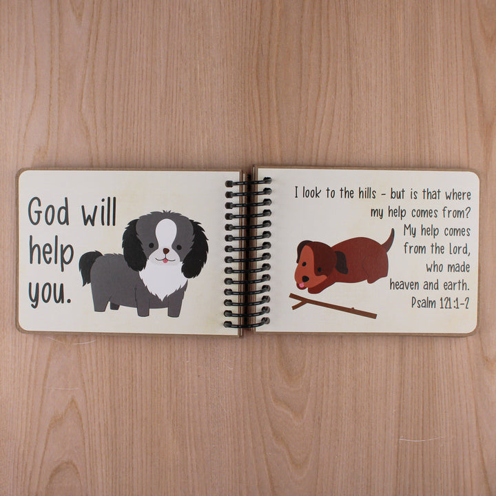 'God will help you' with a gray dog graphic and Psalm 121:1-2 text with a brown dog and a stick.