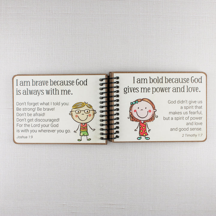 Bible affirmations for children teaching courage, confidence, and trusting God to provide strength and love.
