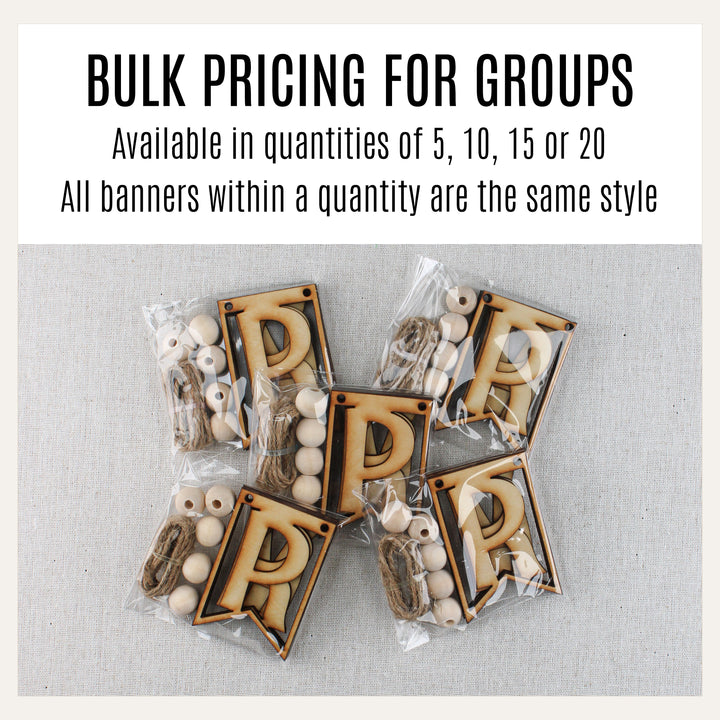 Multiple packaged Bold wooden PRAY banner kits with jute string and wood beads for church or group not adding unwanted? church or group orders.