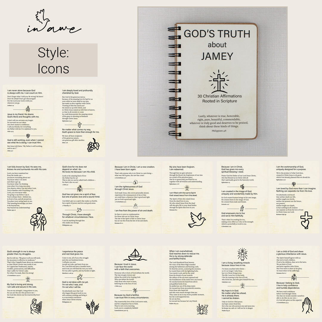 Overview of the Icons Christian affirmation book showing the personalized cover and Scripture-based interior pages.
