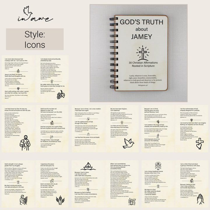 Overview of the Icons Christian affirmation book showing the personalized cover and Scripture-based interior pages.