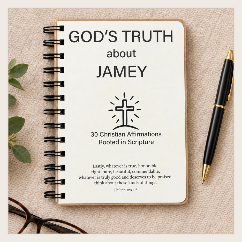 Personalized Christian affirmation book in a neutral flat lay with black line-art Icons design.
