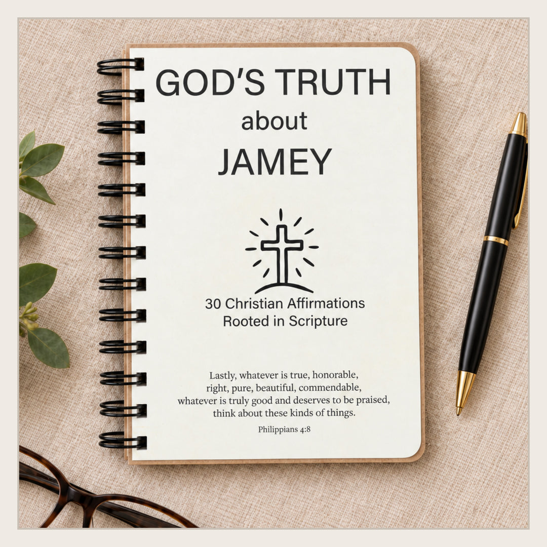 Personalized Christian affirmation book in a neutral flat lay with black line-art Icons design.