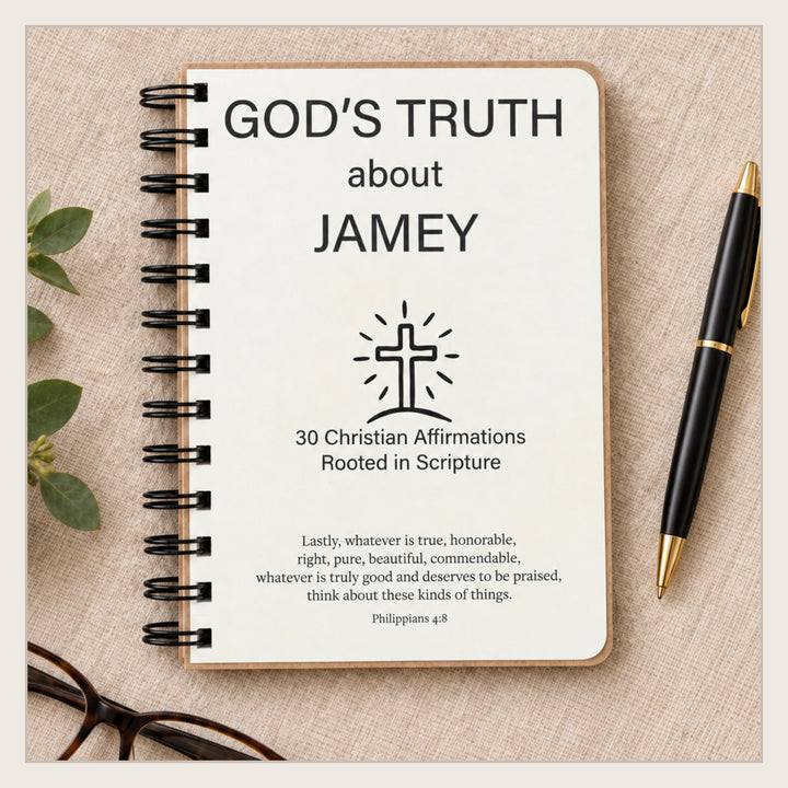 Personalized Christian affirmation book in a neutral flat lay with black line-art Icons design.