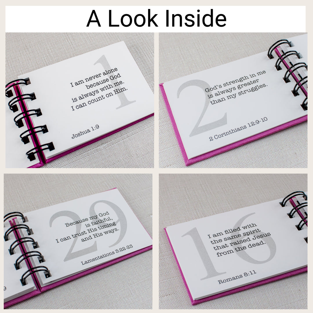 Four sample affirmation pages about God’s presence, strength, faithfulness, and Spirit, each with a large gray number and Scripture reference.