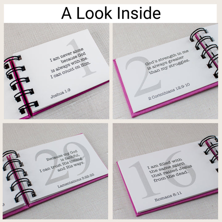 Four sample affirmation pages about God’s presence, strength, faithfulness, and Spirit, each with a large gray number and Scripture reference.