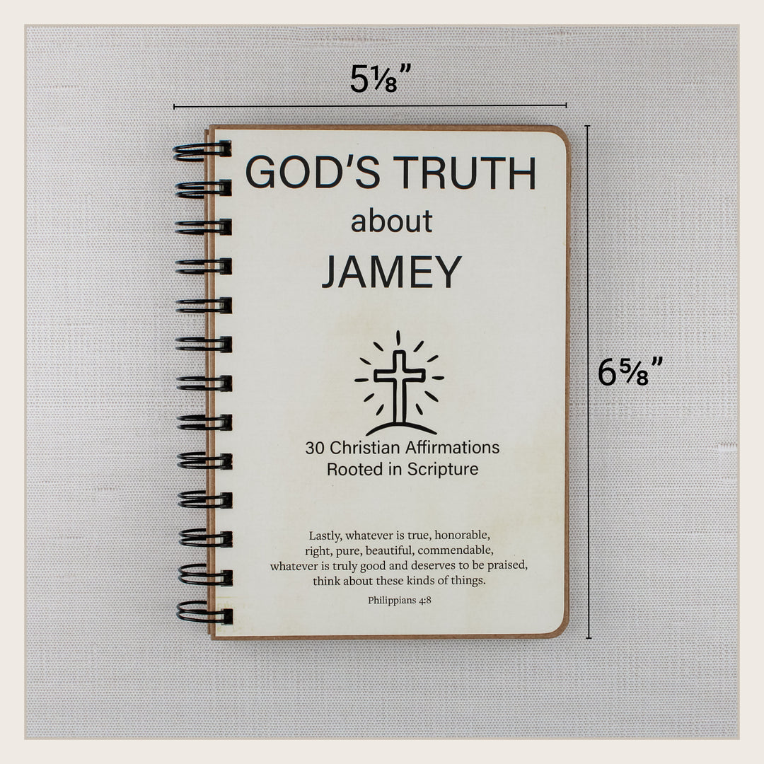Personalized Christian affirmation book measuring approximately 5 1/8 inches wide by 6 5/8 inches tall.