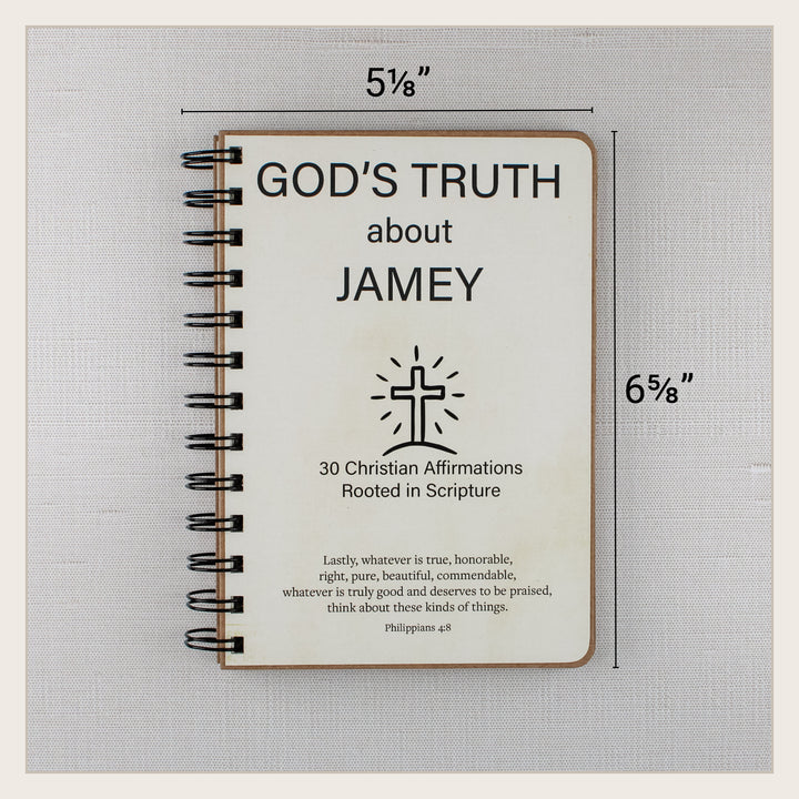 Personalized Christian affirmation book measuring approximately 5 1/8 inches wide by 6 5/8 inches tall.