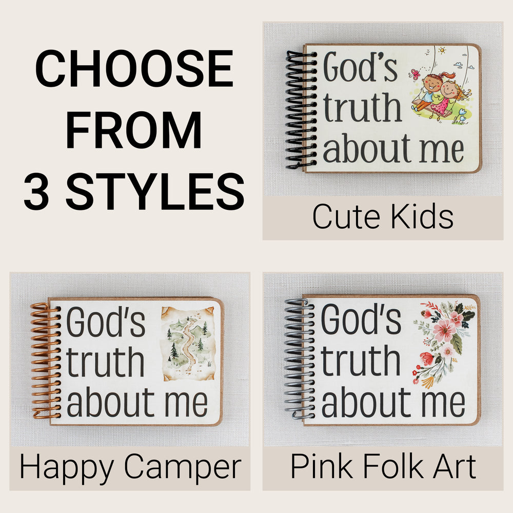 Christian affirmation books for kids in Cute Kids, Happy Camper and Pink Folk Art styles.