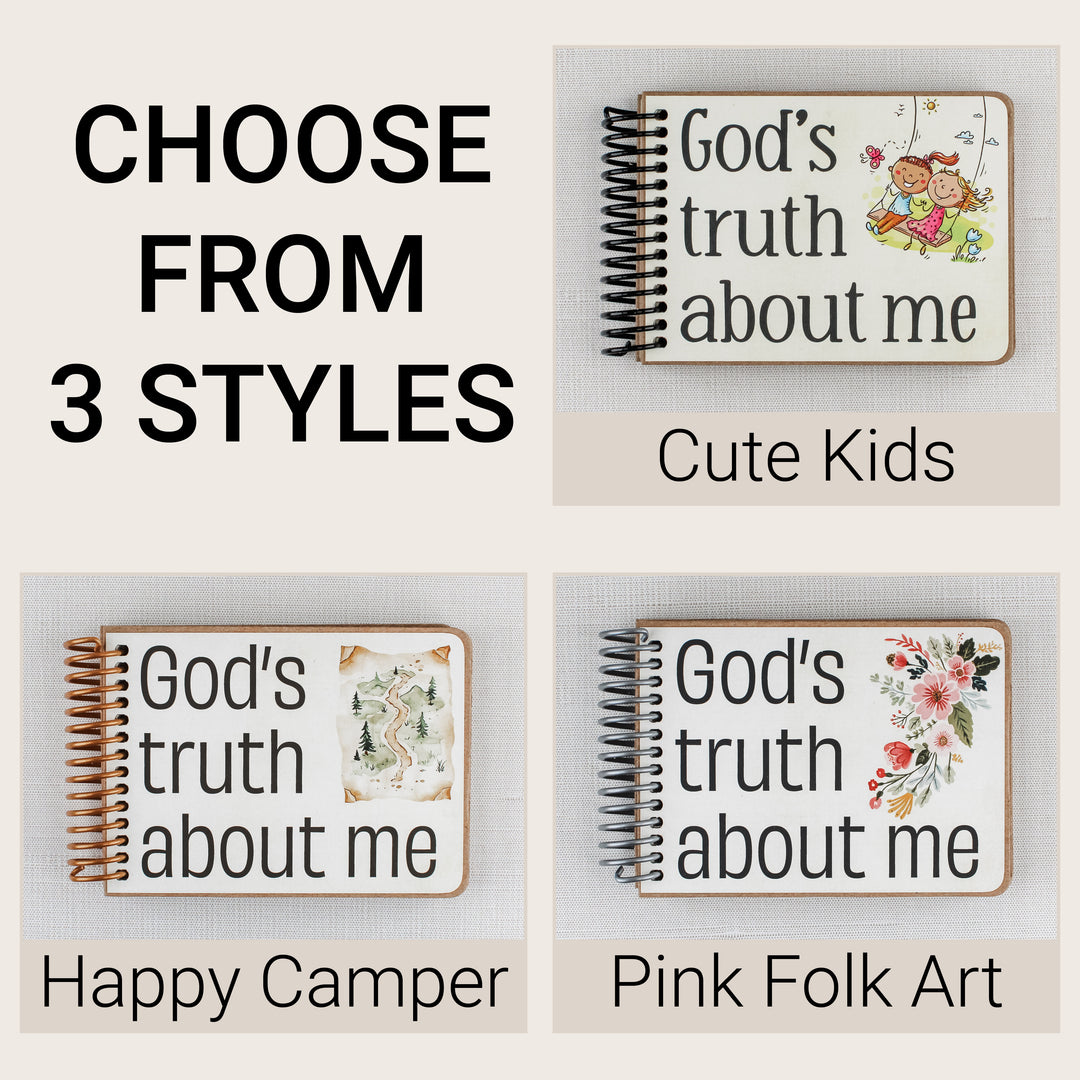 Christian affirmation books for kids in Cute Kids, Happy Camper and Pink Folk Art styles.