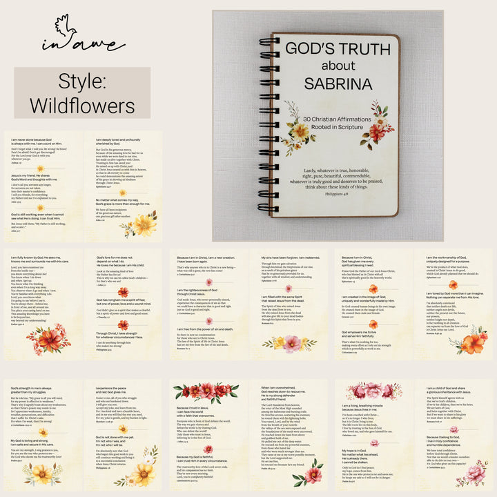 Overview of the Wildflowers Christian affirmation book showing the personalized cover and Scripture-based interior pages.