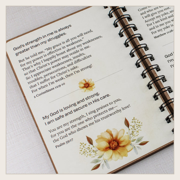 Scripture affirmations about God’s strength, grace, love, and security inside the personalized Christian book.