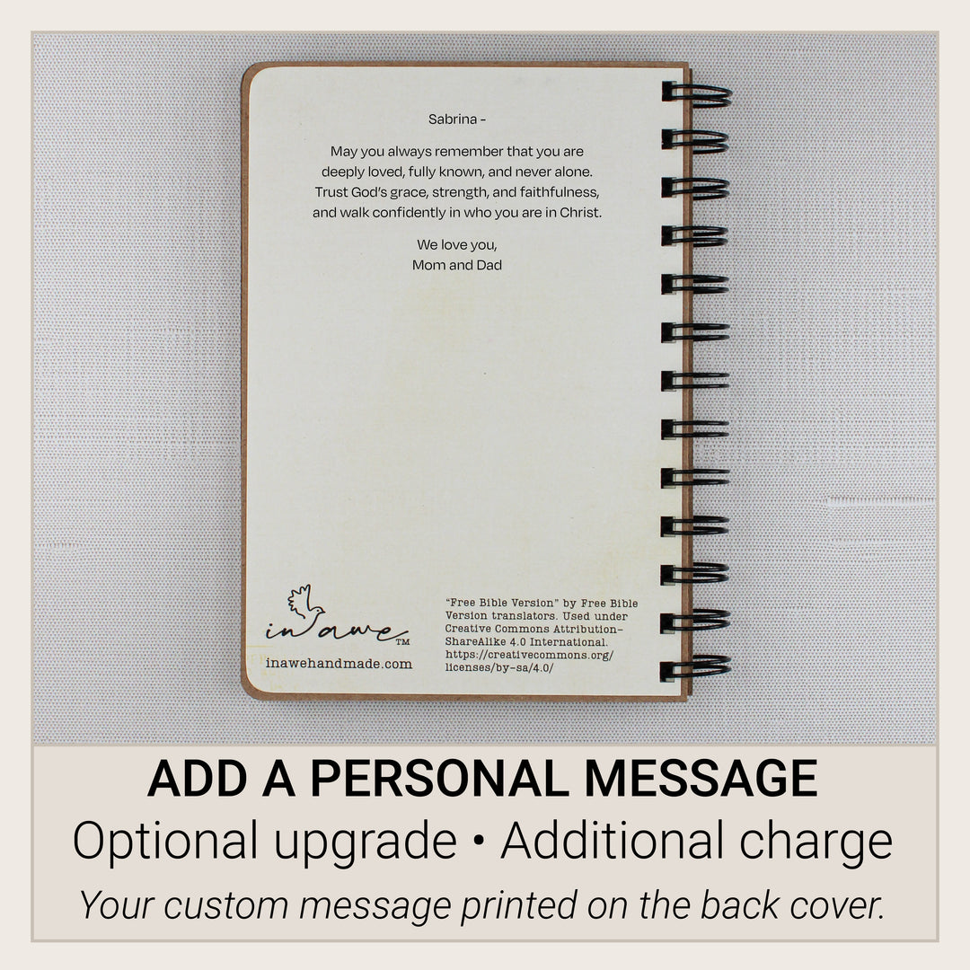 Optional personalized message printed on the back cover of a Christian affirmation gift book.