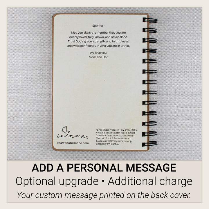 Optional personalized message printed on the back cover of a Christian affirmation gift book.