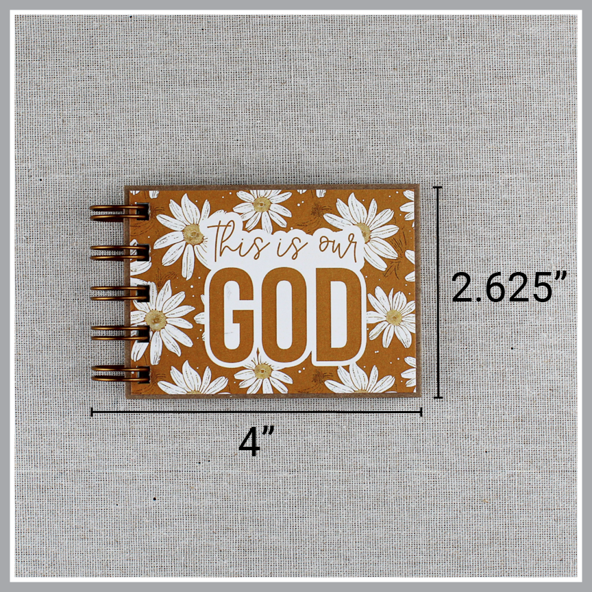 Dimensions of Small spiral bound attributes of God book in Daisy style with yellow background and ivory flowers. Book is 4" wide and 2.625" tall.