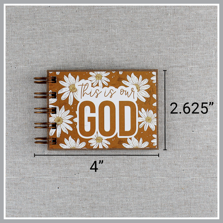 Dimensions of Small spiral bound attributes of God book in Daisy style with yellow background and ivory flowers. Book is 4" wide and 2.625" tall.