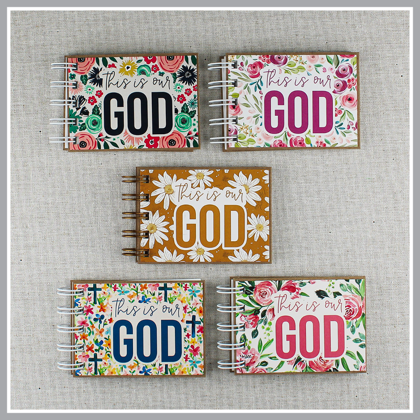 Five small spiral-bound books filled with God's attributes with floral covers and text that says "this is our GOD".