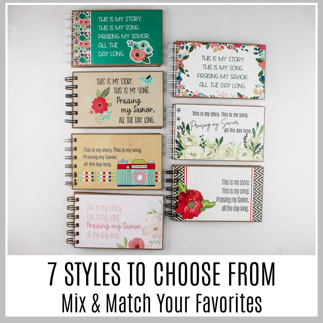 Seven 4P Christian prayer journal cover styles available to mix and match for bulk church gifts.