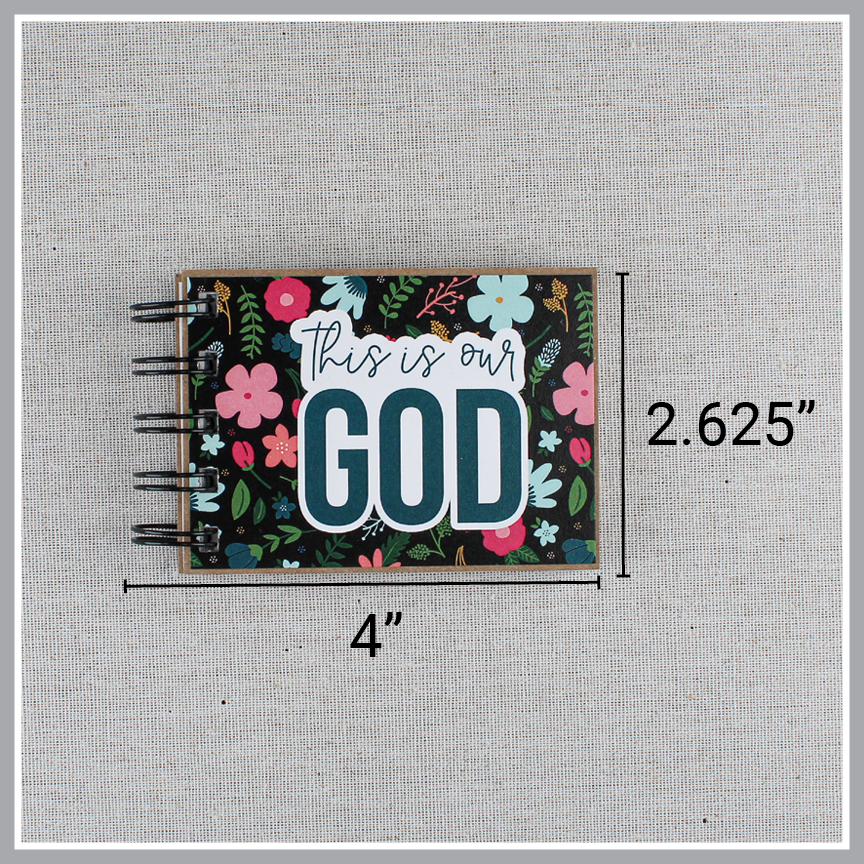 Dimensions of God's attributes book with black background and pastel florals. Text overlay showing book is 4" wide and 2.625" tall.