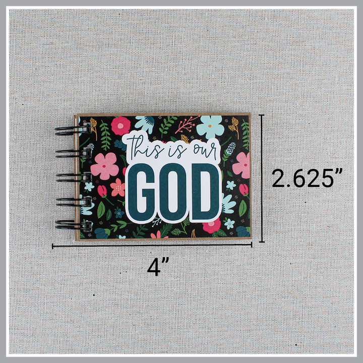 Dimensions of God's attributes book with black background and pastel florals. Text overlay showing book is 4" wide and 2.625" tall.