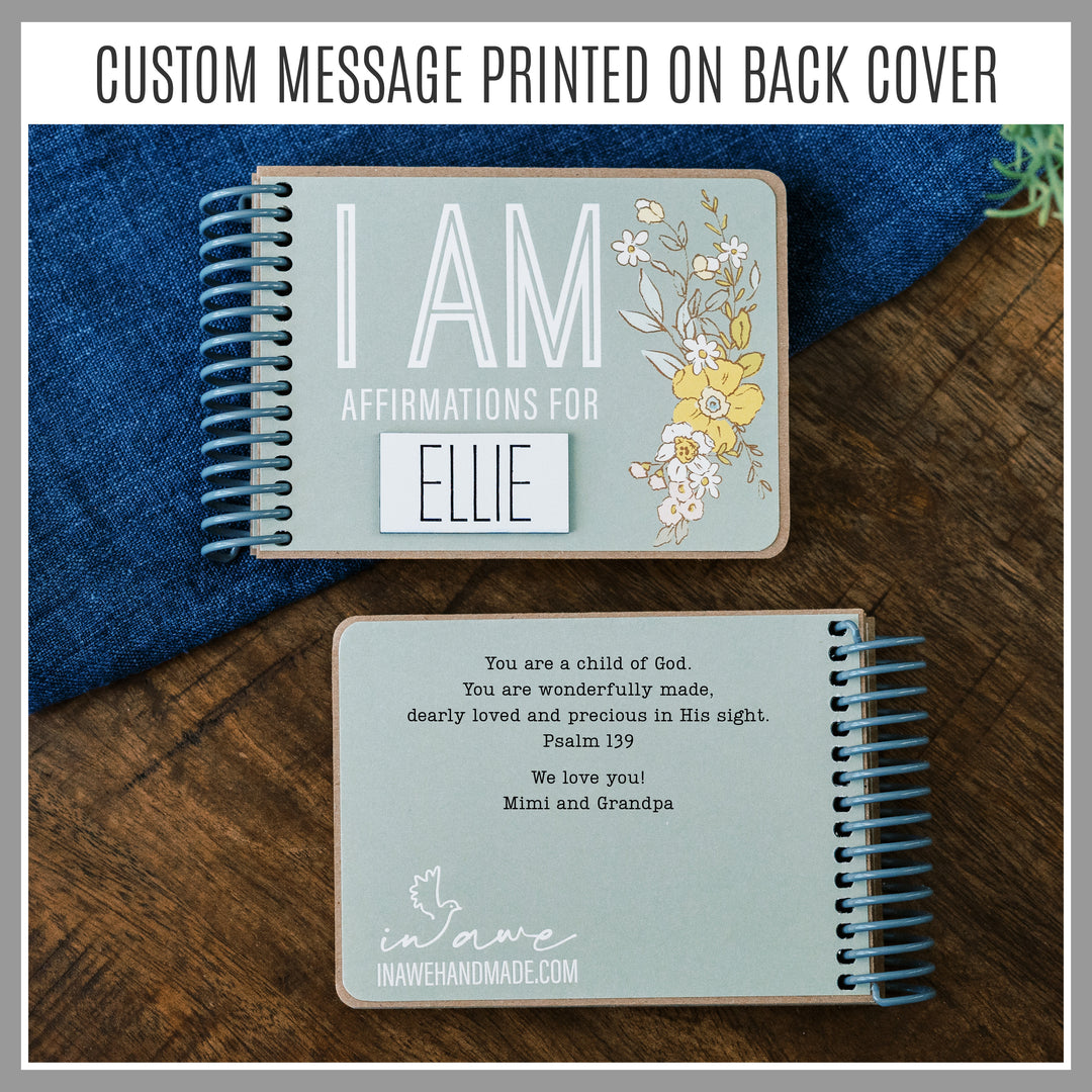 Personalized Green Floral affirmation book with laser-engraved nameplate and custom message printed on the back.