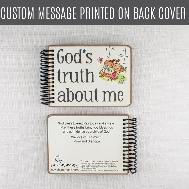 Christian book for kids with a custom message printed on the back cover from family or loved ones.