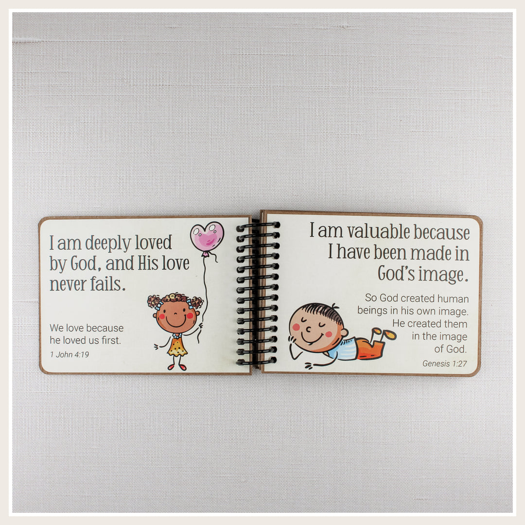 Inside pages with I am deeply loved and I am valuable Bible affirmations for children from Cute Kids style.