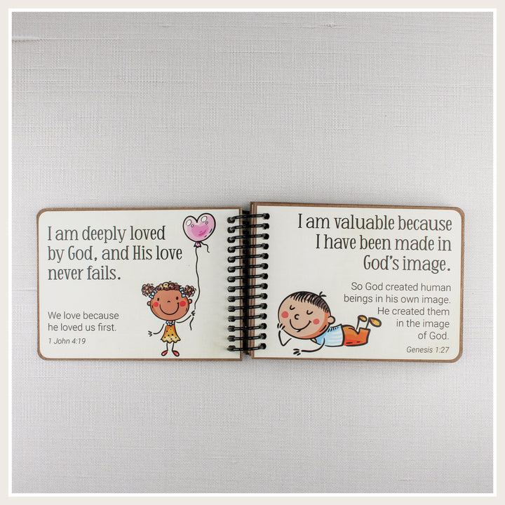 Inside pages with I am deeply loved and I am valuable Bible affirmations for children from Cute Kids style.