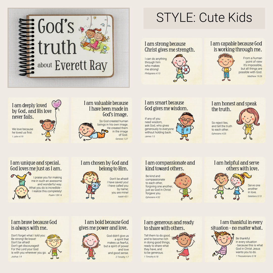 Personalized Cute Kids Christian affirmation book with sample Bible affirmation pages.