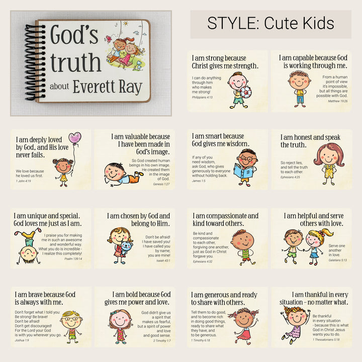 Personalized Cute Kids Christian affirmation book with sample Bible affirmation pages.