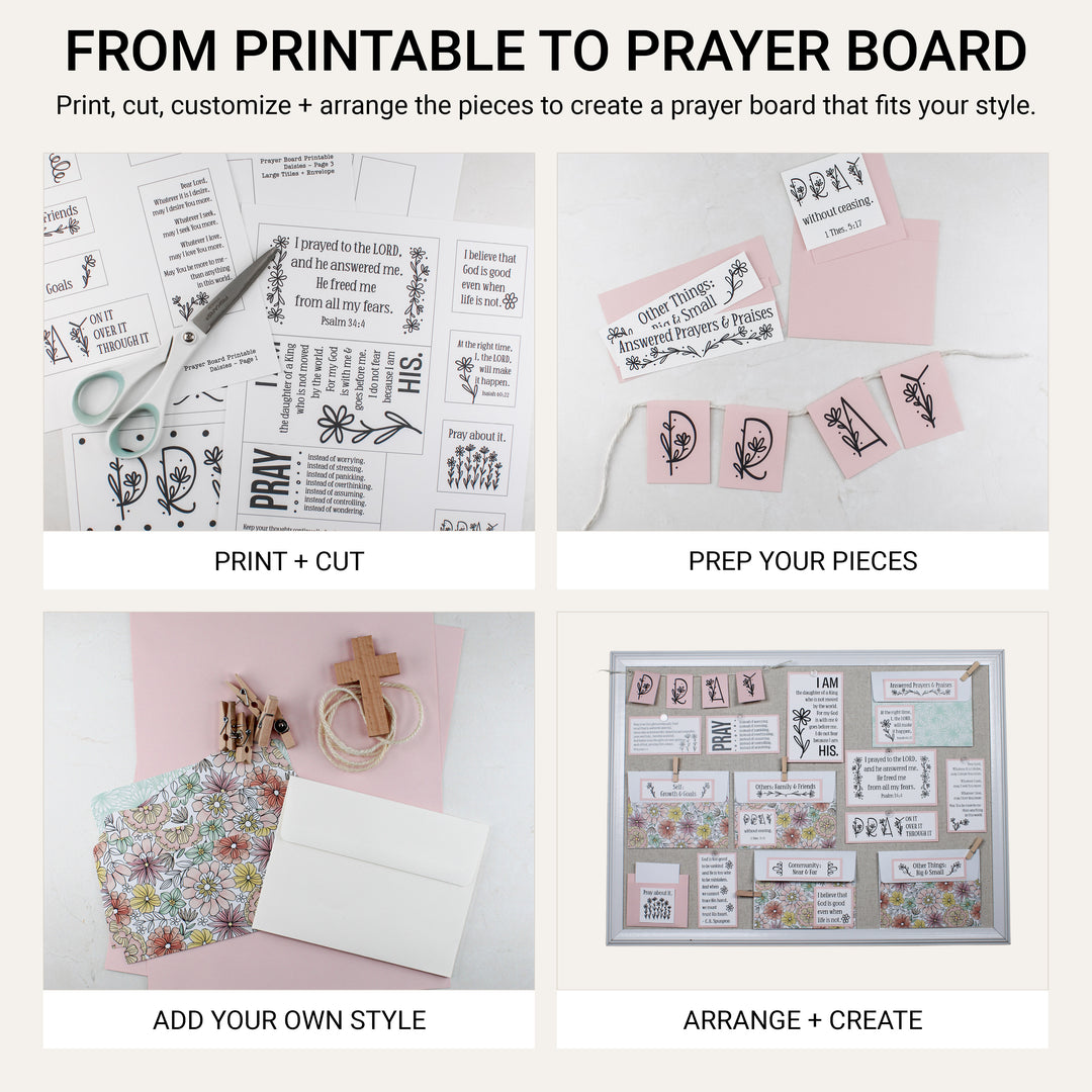 DIY prayer board process showing how to print, cut, customize and arrange the Daisy printable pieces on a prayer board.