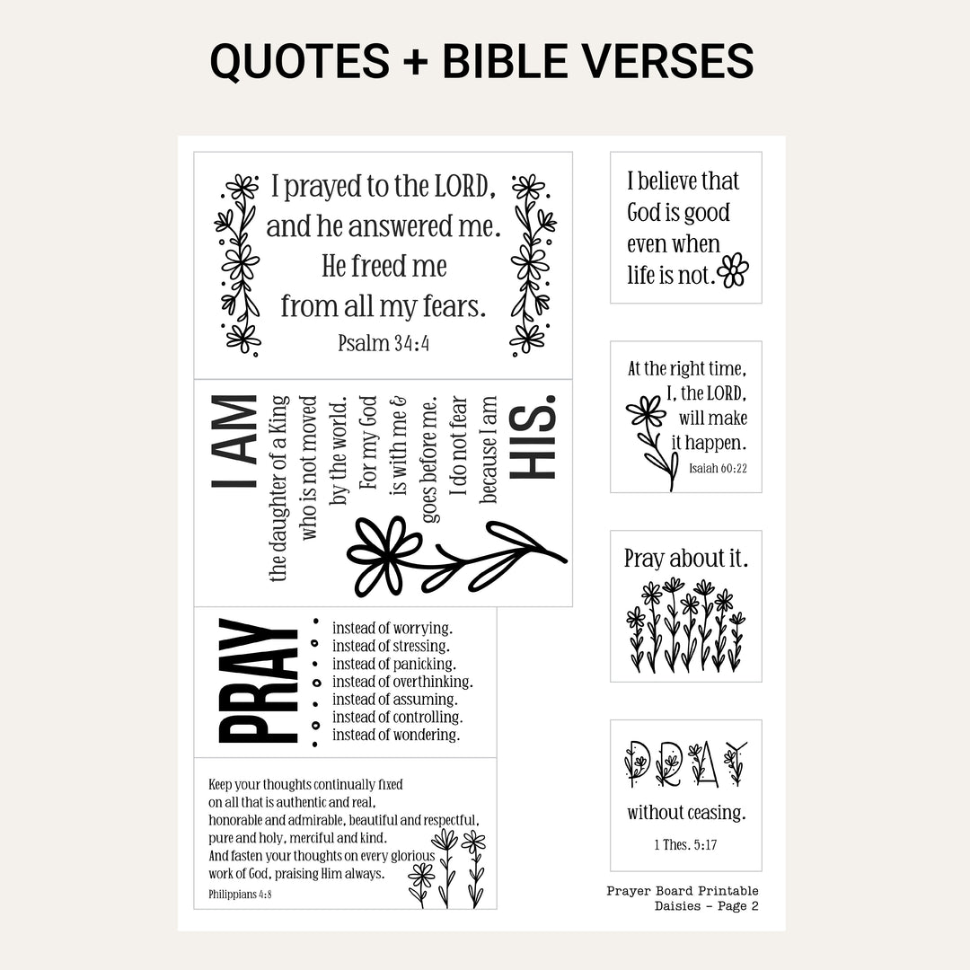 Printable Bible verses, prayer sayings and Christian quotes with simple daisy illustrations for a DIY prayer board.