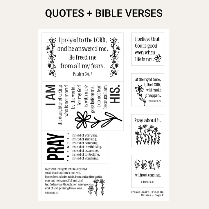 Printable Bible verses, prayer sayings and Christian quotes with simple daisy illustrations for a DIY prayer board.