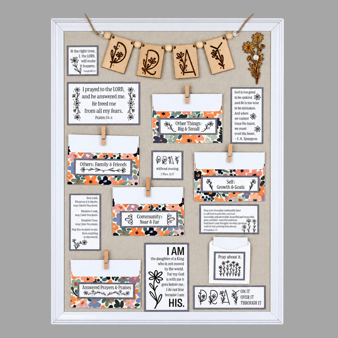 Finished Daisy prayer board with gray mats, floral envelope covers, Scripture, prayer categories and wood PRAY banner.