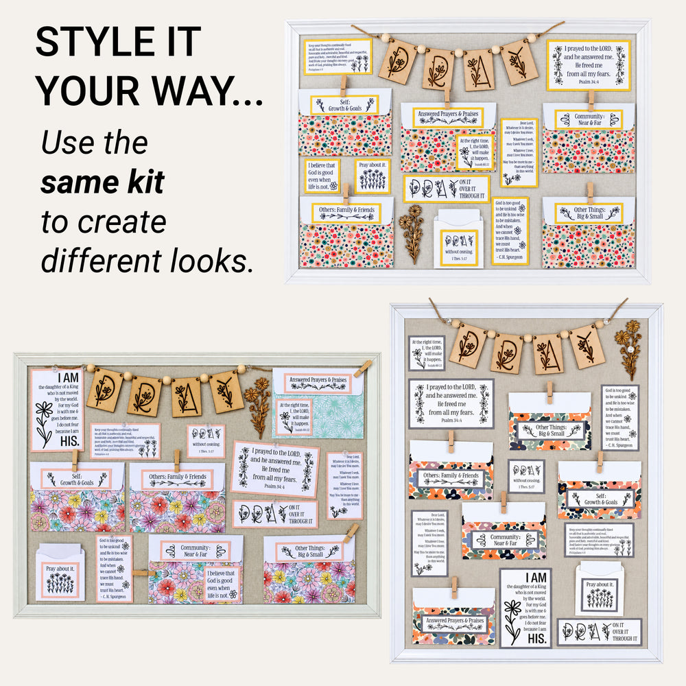 Three Daisy prayer boards made from the same kit using different mat colors, envelope covers and layouts.