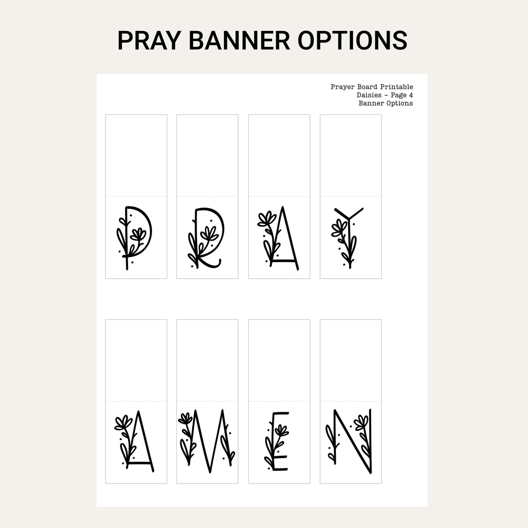 Printable PRAY and AMEN banner letter options with floral details for customizing a DIY prayer board.