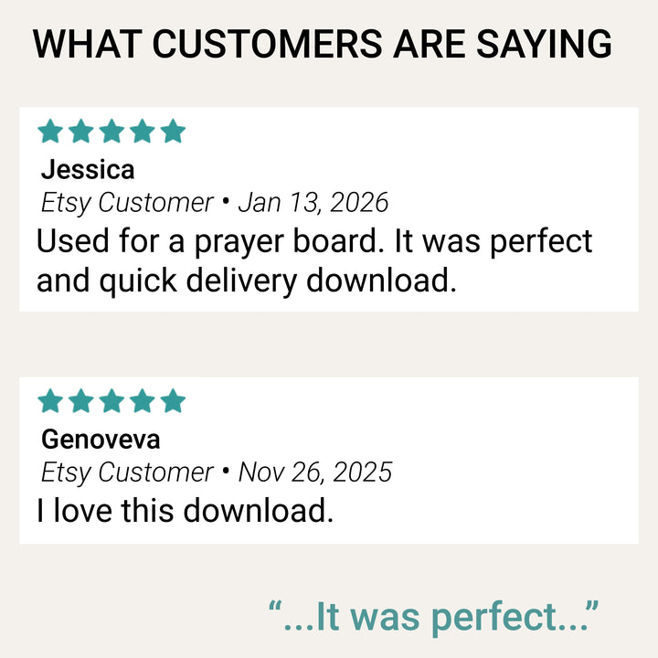 Five-star customer reviews for the Daisy prayer board digital printable from shoppers who used and enjoyed the download.