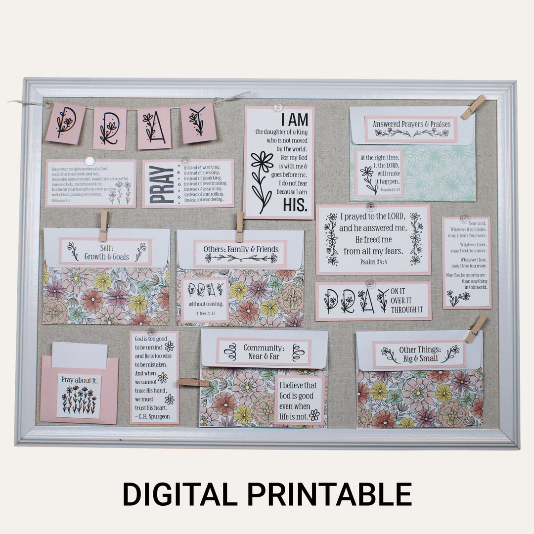 Finished pink Daisy prayer board made with the digital printable, Bible verses, prayer categories, envelopes and PRAY banner.